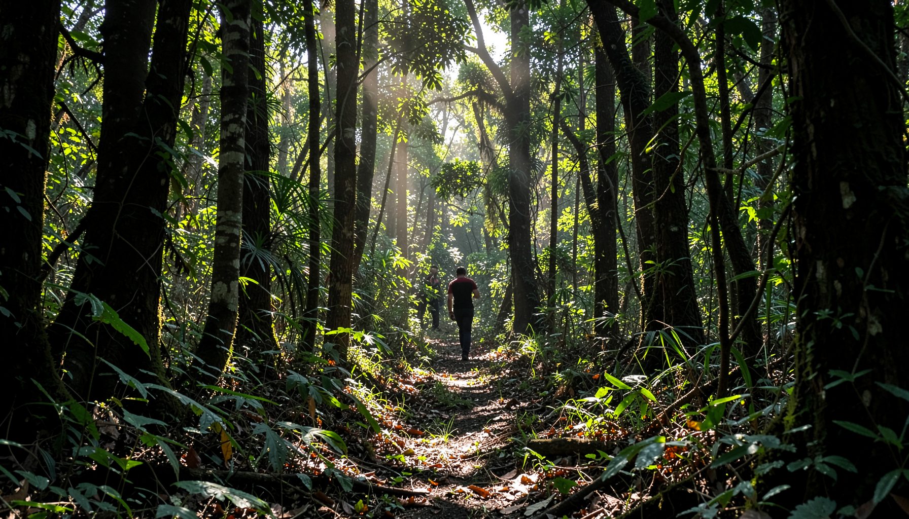 Sunlight streaming through dense forest canopy, with dappled light on the forest floor, suggesting the intersection of natural resources and sustainability.