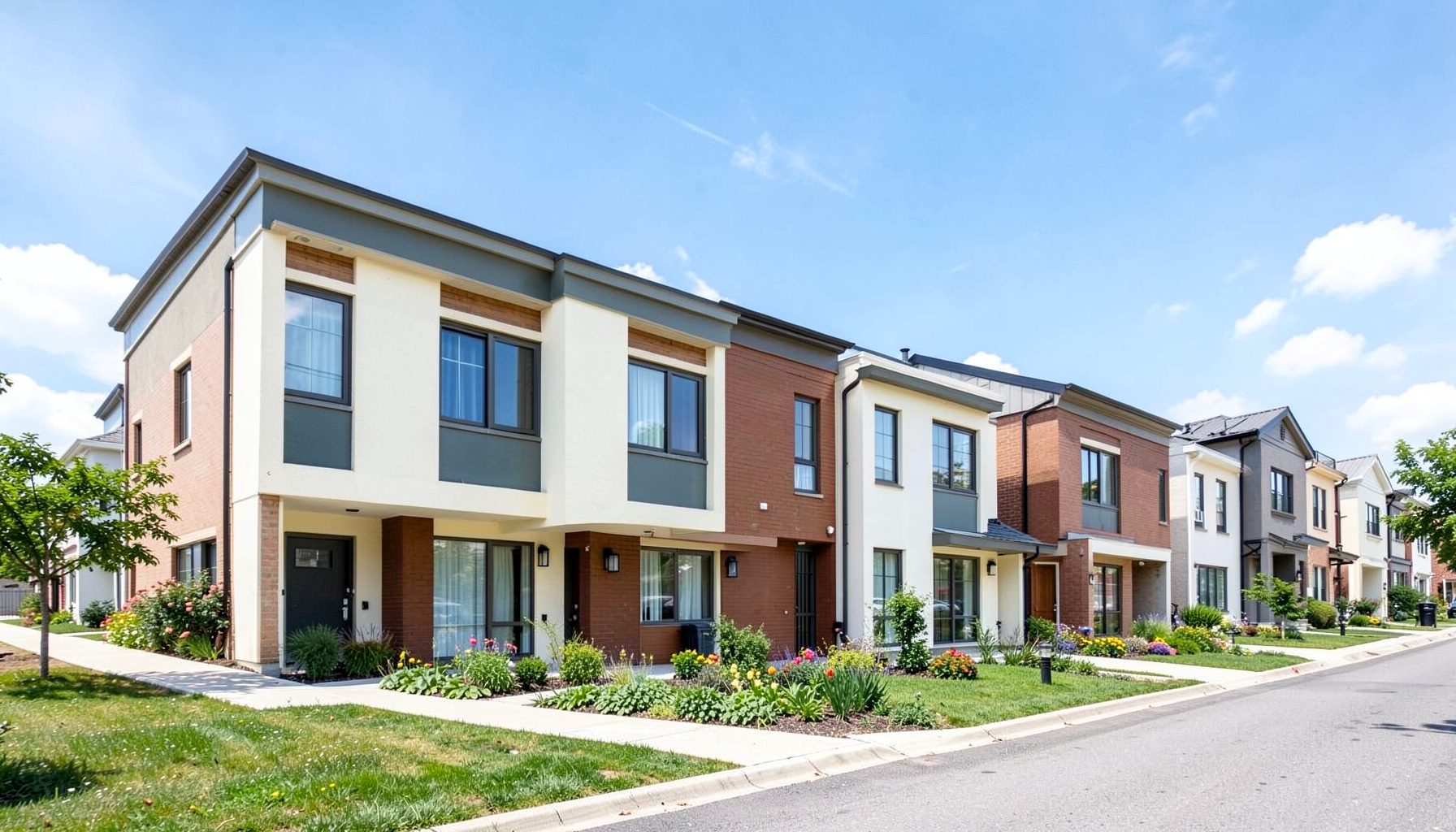 A row of modern residential homes under a bright sky, evoking a sense of everyday community and energy use.