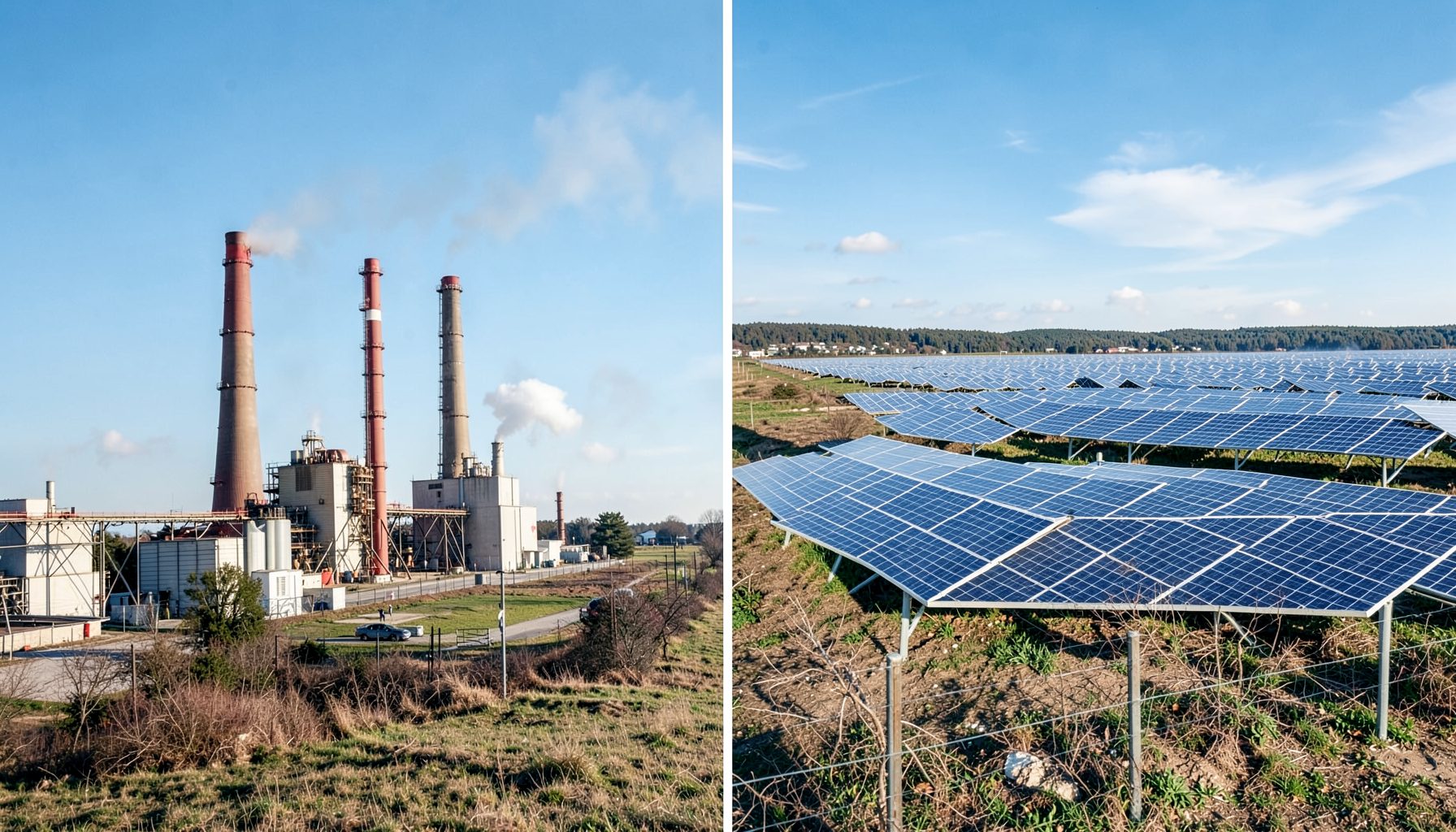 A split landscape showing a coal-fired power plant on one side and a solar farm on the other, under a shared sky, illustrating the contrast between energy sources.