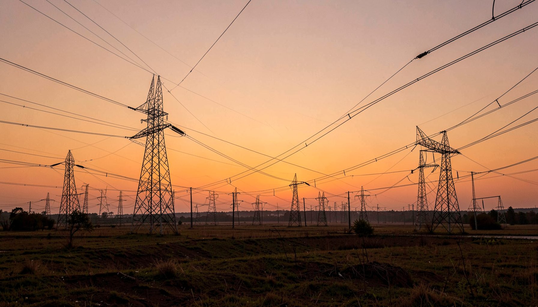 Transmission lines stretching across an open landscape at dusk, with a warm orange sky, evoking the scale of power systems.