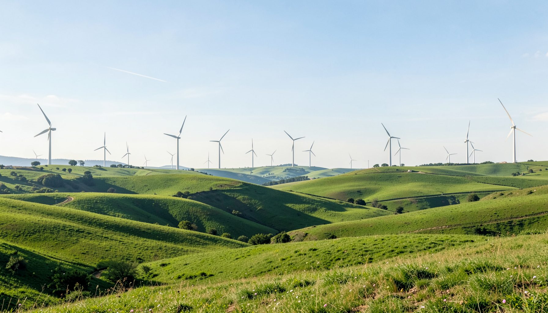 A wide landscape of rolling green hills under a bright sky, with wind turbines scattered across the horizon, conveying a clean and hopeful atmosphere.