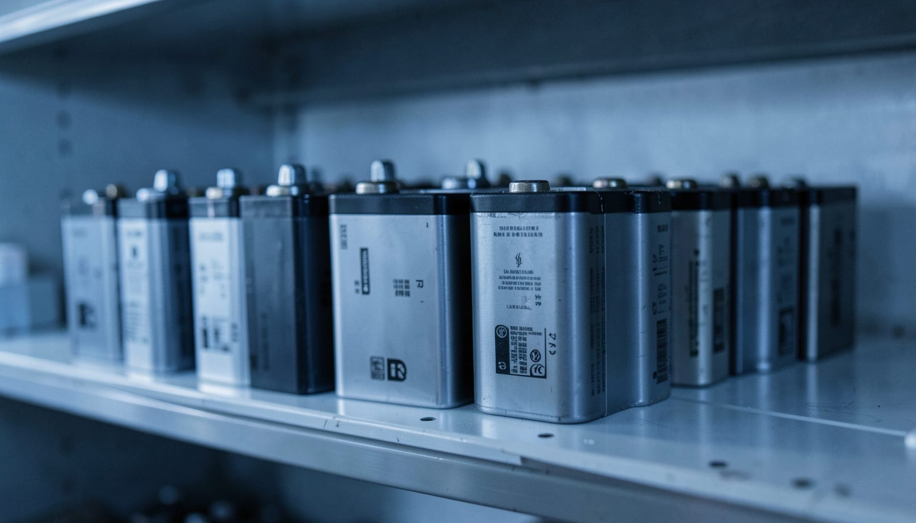 A row of industrial batteries on a shelf in soft blue-gray light, conveying stored electrical energy and technical precision.