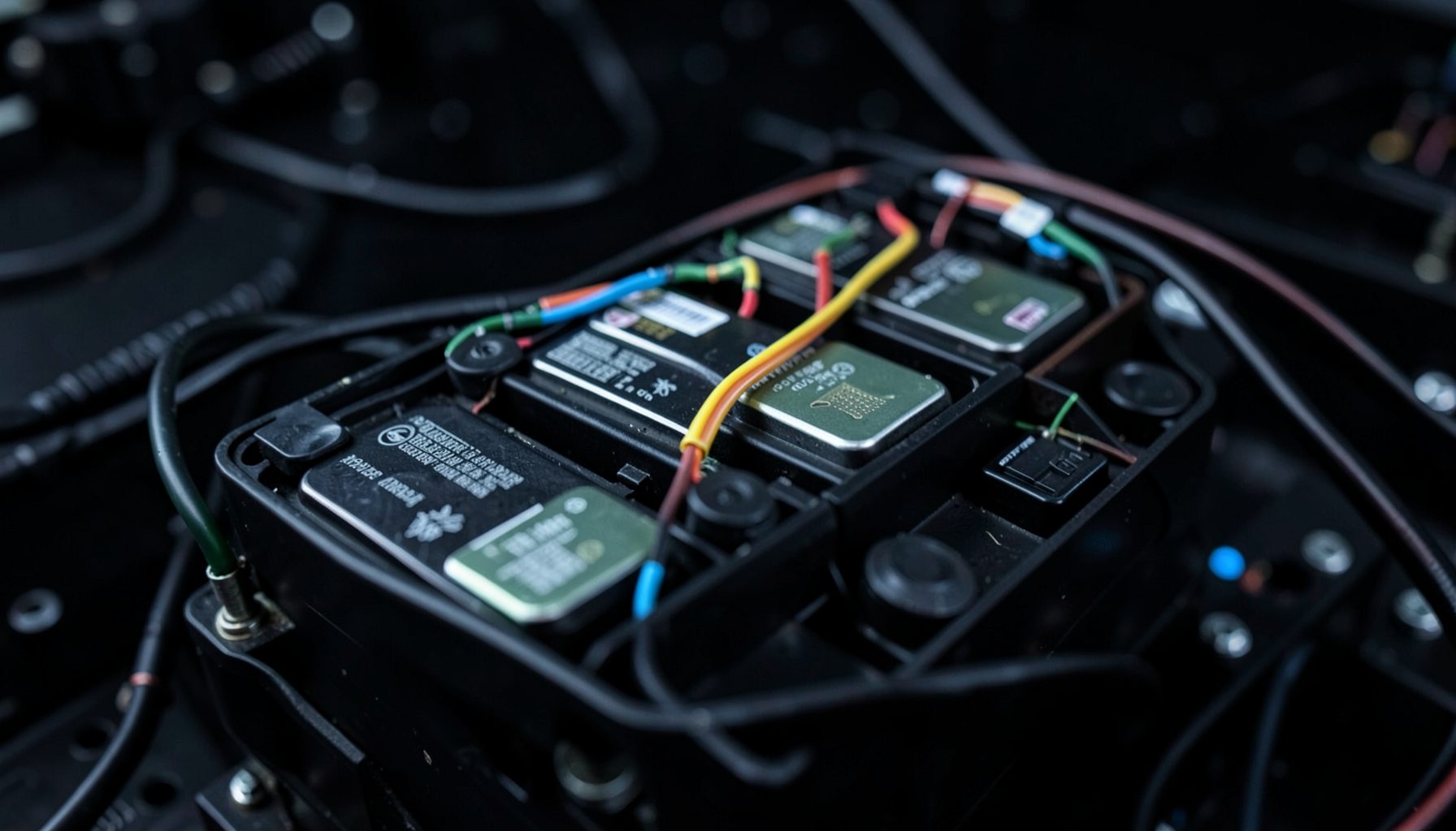 Close-up of a lithium-ion battery pack with visible cells and wiring, set against a dark technical background, conveying stored electrical energy.