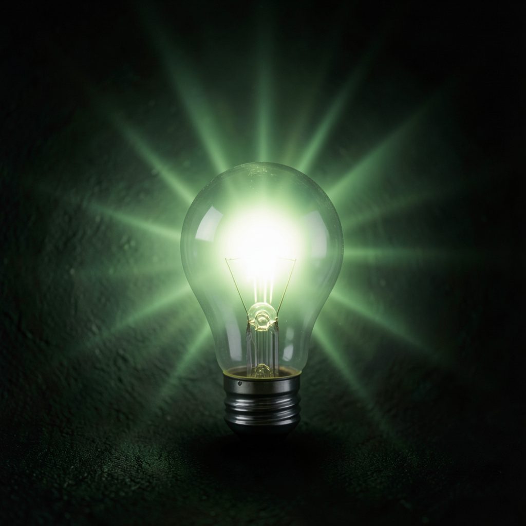 A glowing lightbulb against a dark charcoal background with soft green light radiating outward, symbolizing energy knowledge.