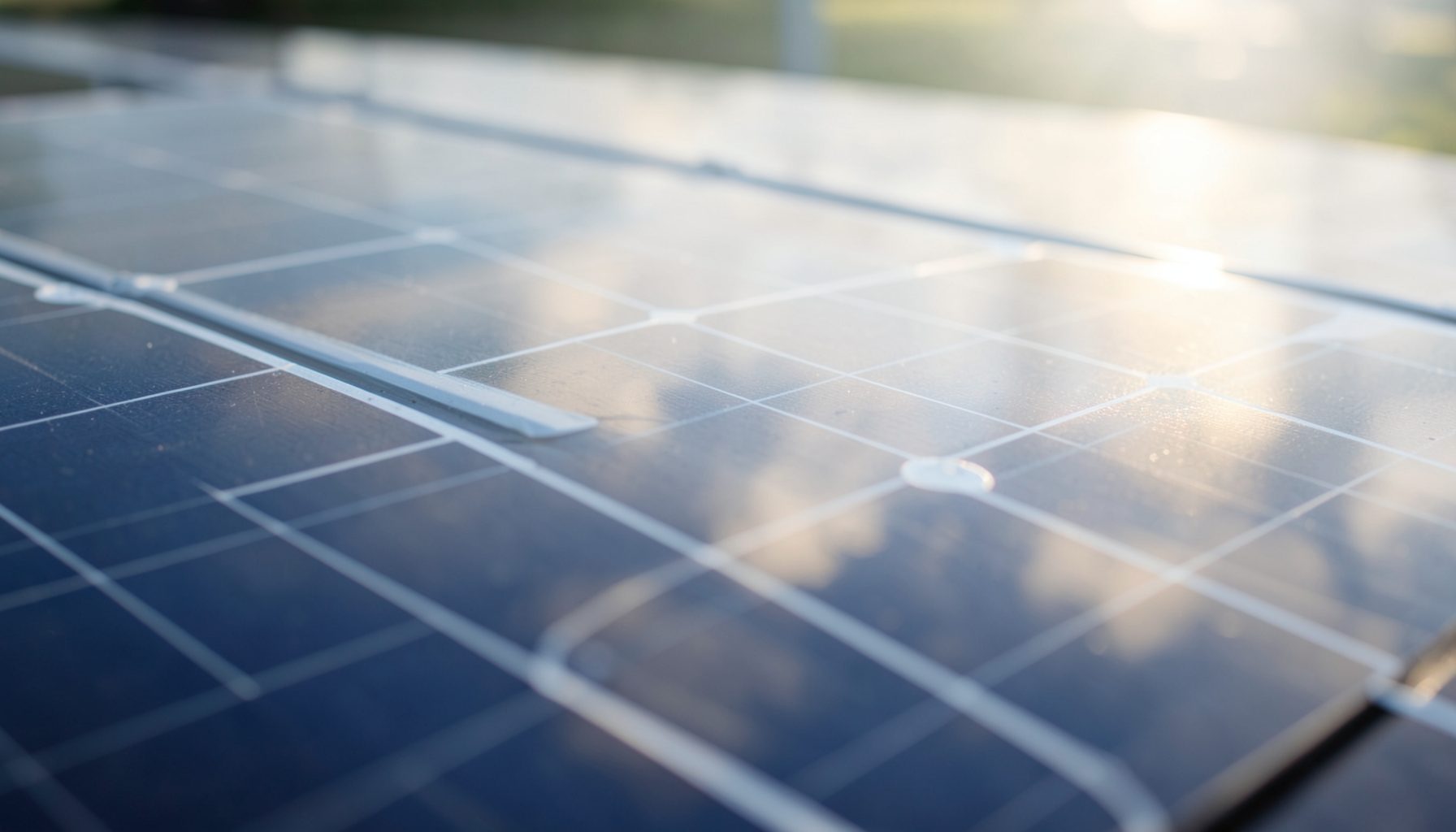 Close-up of a solar panel surface reflecting soft sunlight, with a calm and technical mood.