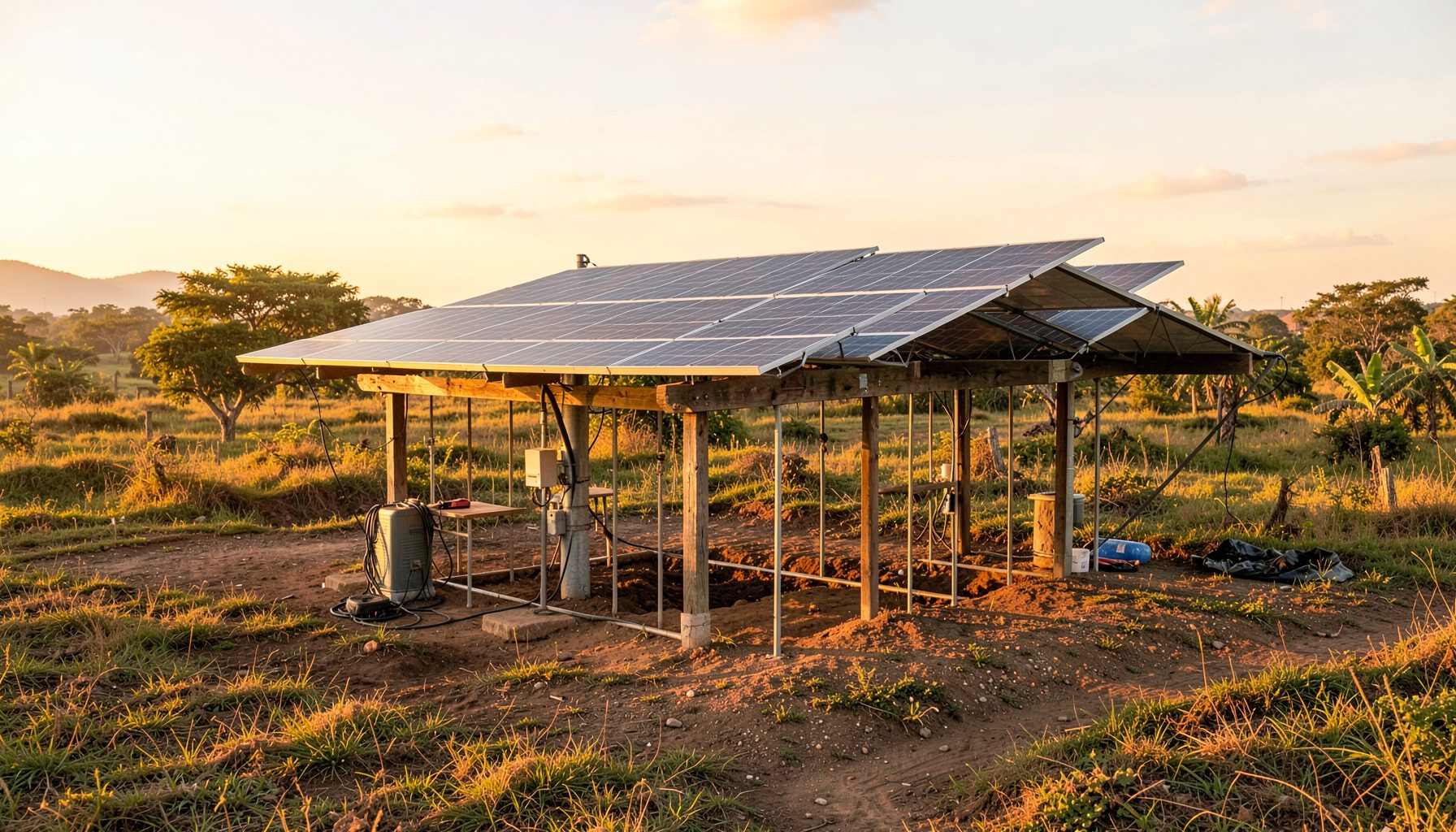A solar mini-grid installation in a rural landscape with golden-hour light, suggesting community empowerment.